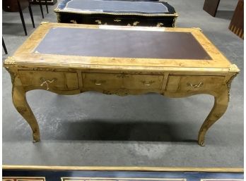 Louis 15th Style Burled 3 Drawer Desk With Leather Top
