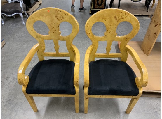 Pair Of Burled Wood Arm Chairs With Black Upholstery