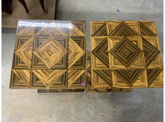 Pair Of Geometric Inlaid Side Tables With Contrasting Pattern And Bulbous Legs