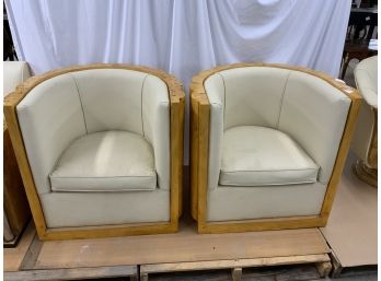 Pair Of Burled Drum Chairs With Scalloped Edges