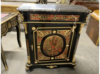Marble Top Commode With 1 Door And 1 Drawer, Brass And Faux Tortoise Shell Detail