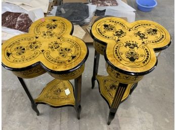 Pair Of Burled Wood Clover Shaped And Black Decorated Side Tables