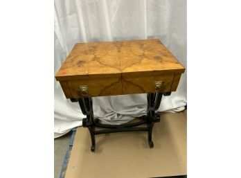 Burled 1 Drawer Trestle Base Side Table With Lion Pulls