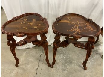 Pair Of Floral Inlay Side Tables With Carved Bases