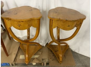 Pair Of Burled 3 Legged Twist Side Tables With 1 Drawer