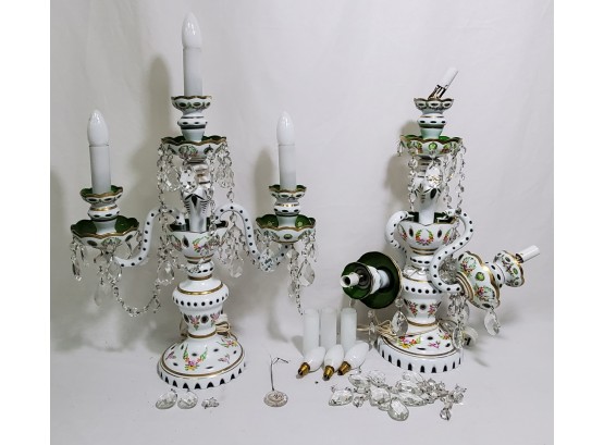 Pair Of Bohemian Emerald Green Glass Table Lamp With Flanking Gilt Spheres. Czech Republic Made.
