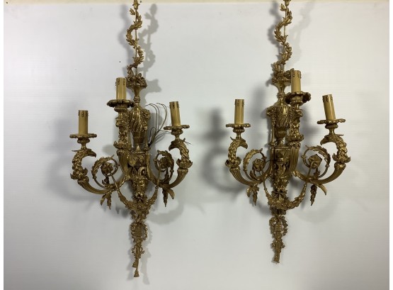 Pair Of French Louis XVI Style Gilt Bronze Three Armed Light Wall Sconces
