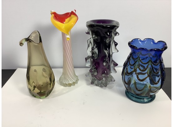 Lot Of Murano Style Art Glass Vases. Along With Hand Blown Tulip Bud Vase.
