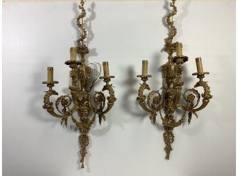 Pair Of French Louis XVI Style Gilt Bronze Three Armed Light Wall Sconces