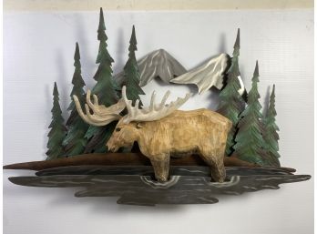 Hanging Moose Sculpture With Trees And Mountains. Metal And Wood