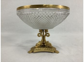 French Cut Crystal And Dore Gilt Bronze Dolphin Motif Oval Centerpiece.