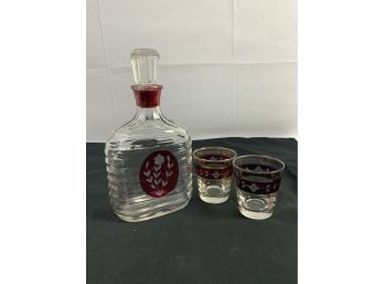 Clear & Red Glass Bottle W/two Drinking Glasses. Pressed Glass. Flower Pattern On Red Glass.