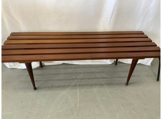Mid Century Teak Slatted Wood Bench With Tapered Leg