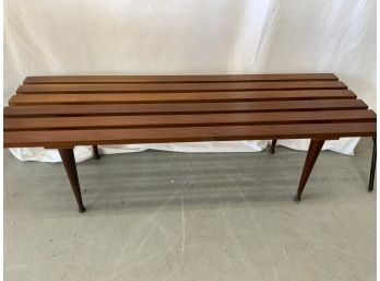 Mid Century Teak Slatted Wood Bench With Tapered Leg