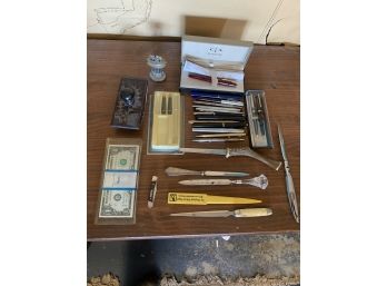 Collection Of Desk Items Including Pens, And Sterling