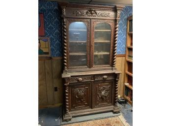 Oak European Carved China Cabinet With Detailed Carvings