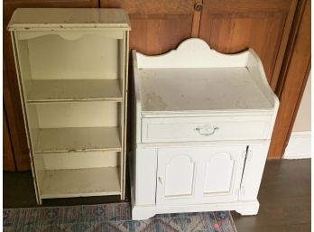 Two White Painted Pieces Of Furniture Including An End Table And A Bookcase