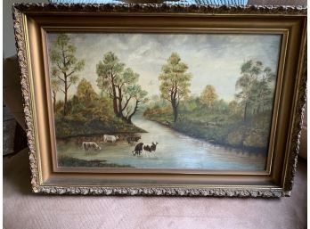 Oil On Canvas Painting Of Cows Grazing In Water