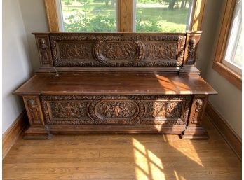Victorian Oversized European Carved Bench With Many Carved Heads