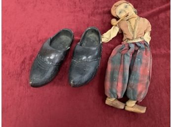 Antique Dutch Wooden Shoes And Doll