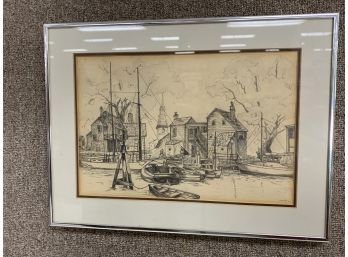 Pencil Drawing Of A Harbor Village Signed G Kelly ‘81