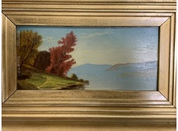 Antique Landscape Paint Oil On Board With Gold Frame
