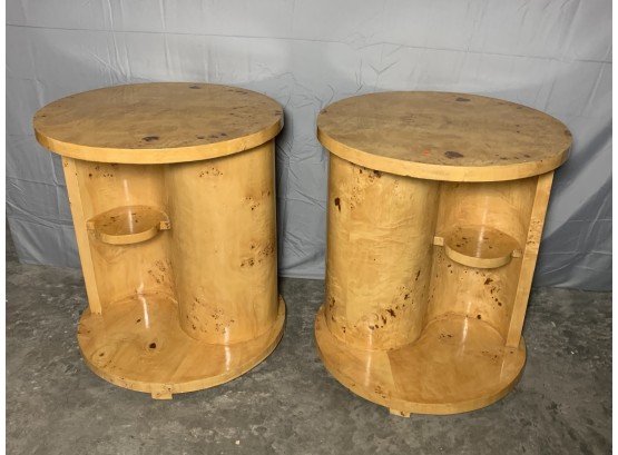 Pair Of Burled Ying Yang Design Side Tables With A Shelf