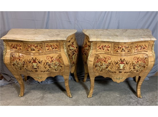Pair Of Marble Top Bombay Style Chests With Great Inlay Work