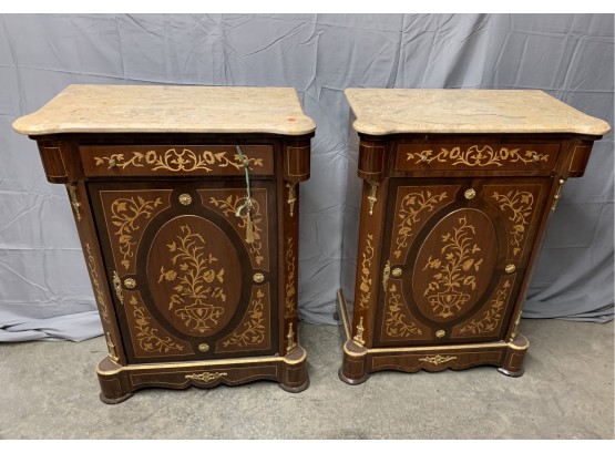 Pair Of Inlaid Marble Top Cabinets With A Door And A Drawer