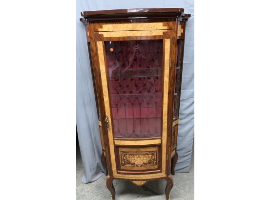 Inlaid Curio With Glass Shelves And Padded Back