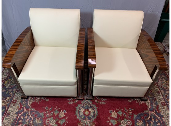 Pair Of Deco Style Arm Chairs With Cream Leather And Chrome Pillars