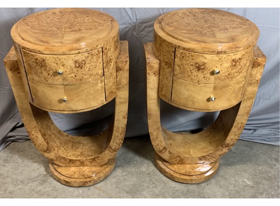 Pair Of Art Deco Style Burled Two Drawer Side Tables