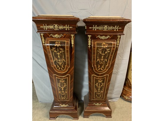 Pair Of Decorated Marble Top Pedestals With Ormolu