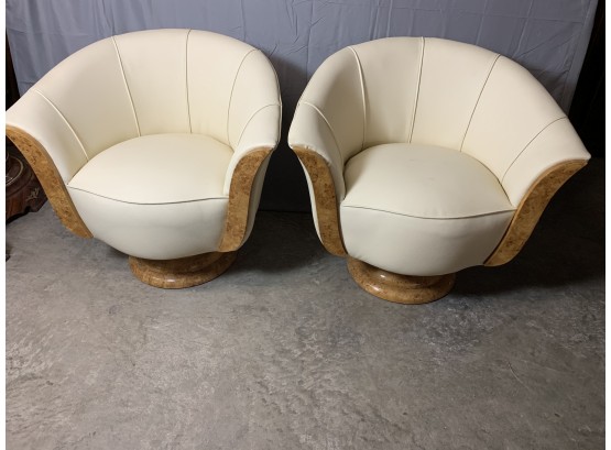 Pair Of White Leather Chairs With Burled Front And Base