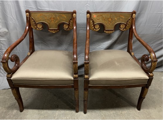 Pair Of Arm Chairs With Decorated Glass Panels And Have Feather Carved Arms