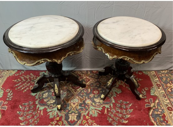 Pair Of Round Marble Inset Side Table With Gold Ormolu