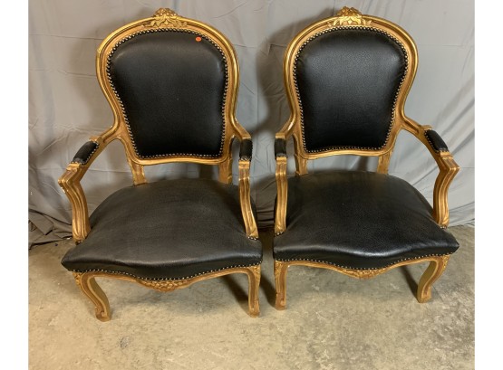 Pair Of Black And Gold Leather Arm Chairs