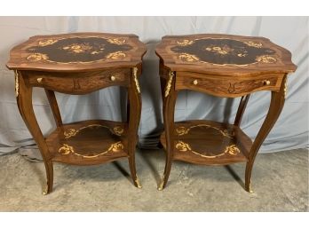 Pair Of Inlaid Tables With 1 Drawer And Brass Feet