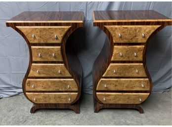 Pair Of Hour Glass 5 Drawer Stand With Burled Wood