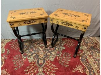 Pair Of Burled Wood Side Table With X Legs And Black Decoration