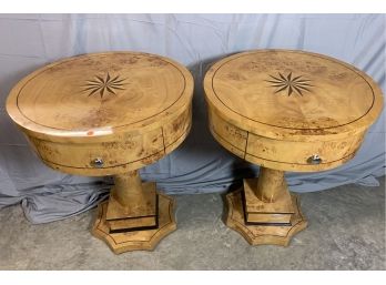 Pair Of Round Tables With Star Inlay