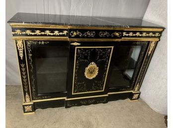 Black Marble Top Credenza With Curio Ends And Gold Ormolu