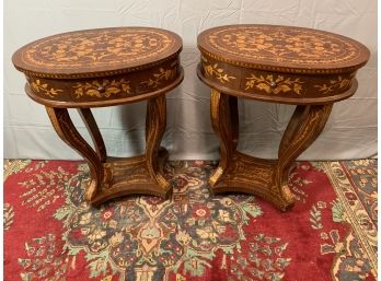 Pair Of Oval Inlay Decorated 1 Drawer Stand