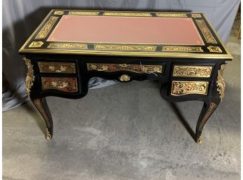 Very Ornate Black Flat Top Desk With Lots Of Brass Detail