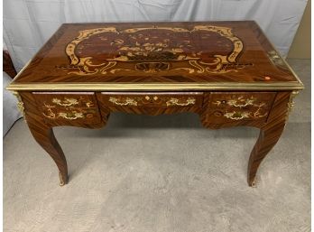 Inlaid Flat Top Desk With Brass Banding And Great Gold Ormolu