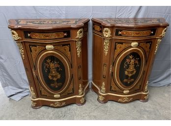 Pair Of Inlaid And Paint Decorated Hall Cabinets