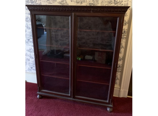 Mahogany Double Door Bookcase Wit Carved Top