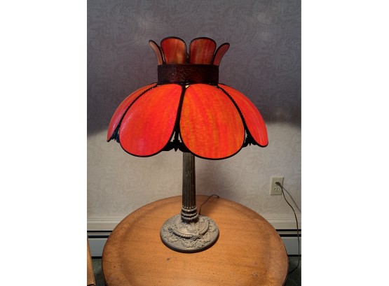 Orange/red Slag Glass Panel Lamp With Ornate Base