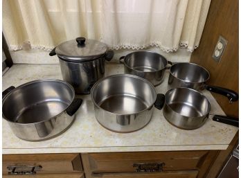 6 Pieces Of Revere Ware Or Other Copper Bottomed Pots And Pans