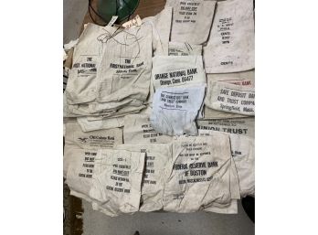 Large Grouping Of Cloth Bank Bags With Advertising